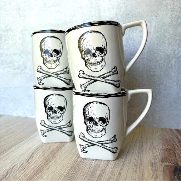 222 Fifth Skull Crossbones Mugs - Set of four! Halloween mugs.